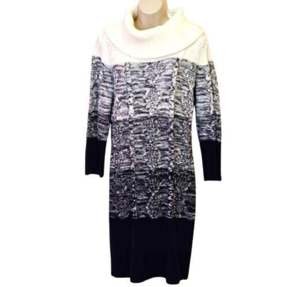Studio One New York Black & White Cowl Neck Cable Knit Sweater Dress, Medium - Picture 1 of 16